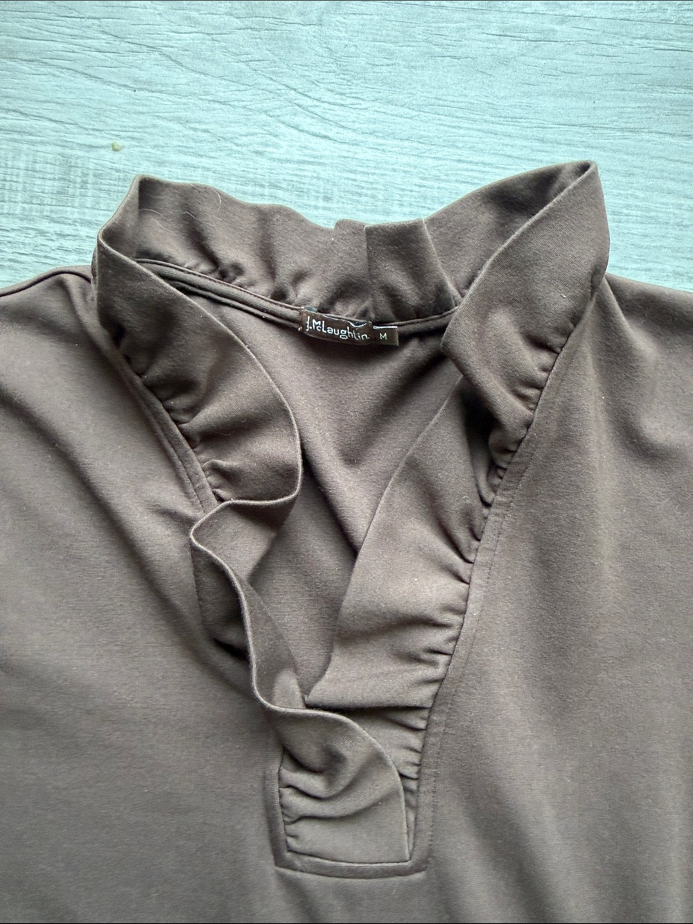 J. McLaughlin Chocolate Brown Ruffle V-Neck 3/4 Sleeve Top, Size M. - Picture 7 of 11